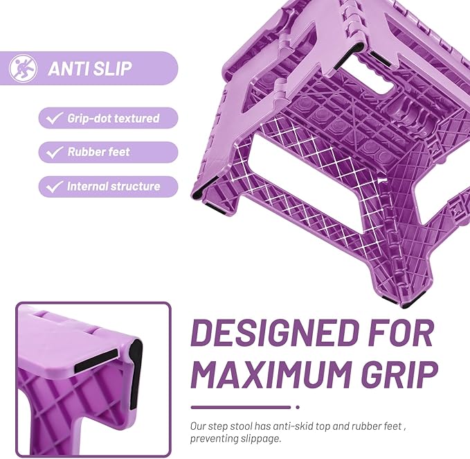 Delxo 9 inch Folding Step Stool, Non-Slip Foldable Small Stools Up to 300 LBS, Kids Step Stool with Handle Lightweight for Kitchen, Bathroom, Bedroom, Garden, Light Purple, 1PC - Image 3