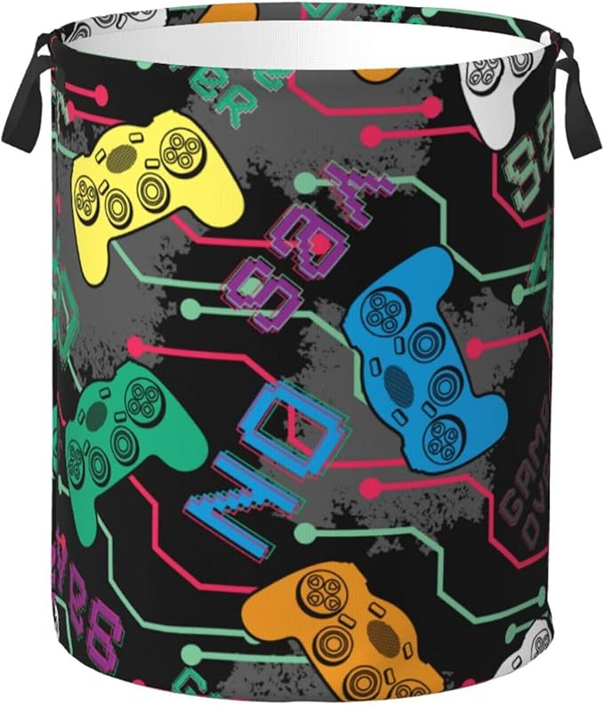 Colorful Game Joysticks Laundry Hamper Bag, Video Game Controller Background by Unknown