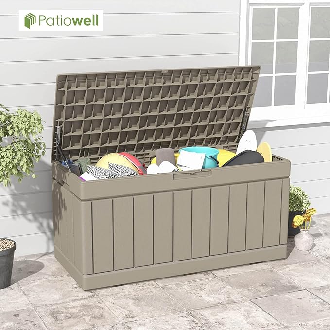 Patiowell 82 Gallon Resin Deck Box, Waterproof Large Wood Look Storage Box for Patio Furniture, Pool Accessories, Garden Tools and Sports Equipment, Lockable, Light Brown - Image 2