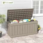 Patiowell 82 Gallon Resin Deck Box, Waterproof Large Wood Look Storage Box for Patio Furniture, Pool Accessories, Garden Tools and Sports Equipment, Lockable, Light Brown - Image 2