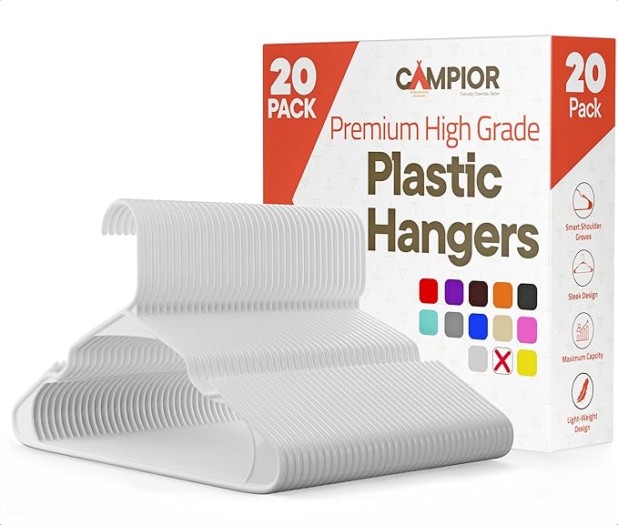 White Plastic Hangers 20 Pack– Heavy-Duty Plastic Hangers Slim and Space-Saving by Campior