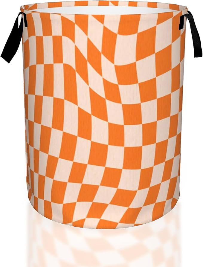 Groovy Retro Wavy Checkered Orange Laundry Basket, Waterproof Foldable Laundry by UIUPRO