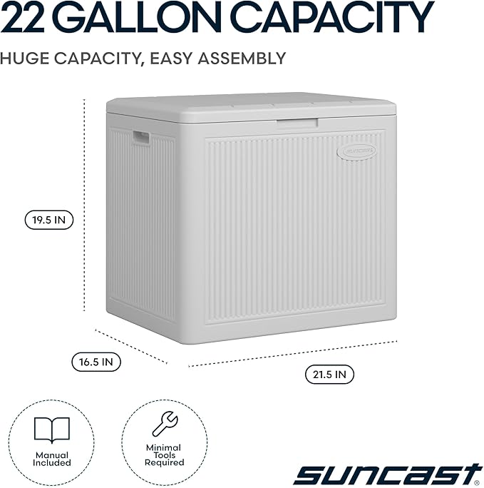 Suncast 22-Gal. Resin Small Outdoor Patio Deck Box with Reeded Design, Modern Outdoor Patio Bench/Storage Box for Cushions, Garden Tools, and More, French Gray - Image 3