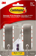Command Medium Brushed Nickel Wall Hook, 2 Coat Hooks and 4 Strips, Damage-Free - Image 2