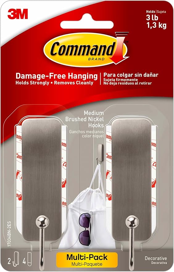 Command Medium Brushed Nickel Wall Hook, 2 Coat Hooks and 4 Strips, Damage-Free - Image 2