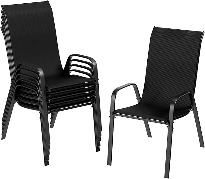 TLSUNNY Patio Chairs, Stackable Textilene Outdoor Dining Furniture for All Weather, with 17.7″ Wide Seat & Metal Frame, for Garden, Backyard, Deck, Restaurant, Poolside (6, Black, 26.4″) by TLSUNNY