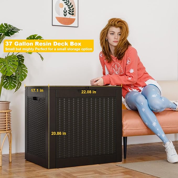 37 Gallon Outdoor Deck Box, Lockable Waterproof Outdoor Storage Boxes For Garden Tools,Indoor Cushions,Accessories Outside Storage Resin Weatherproof Container(Black) - Image 3