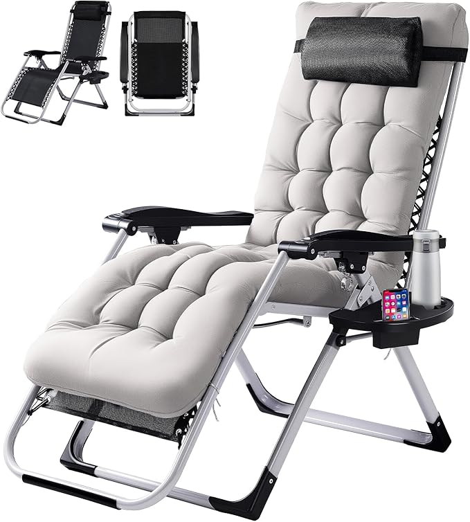 VINGLI Padded Zero Gravity Chair, Lounge Chair with Removable Cushion & Tray， Folding Reclining Patio Chairs， Recliner Chair for Lawn，Indoor and Outdoor by VINGLI