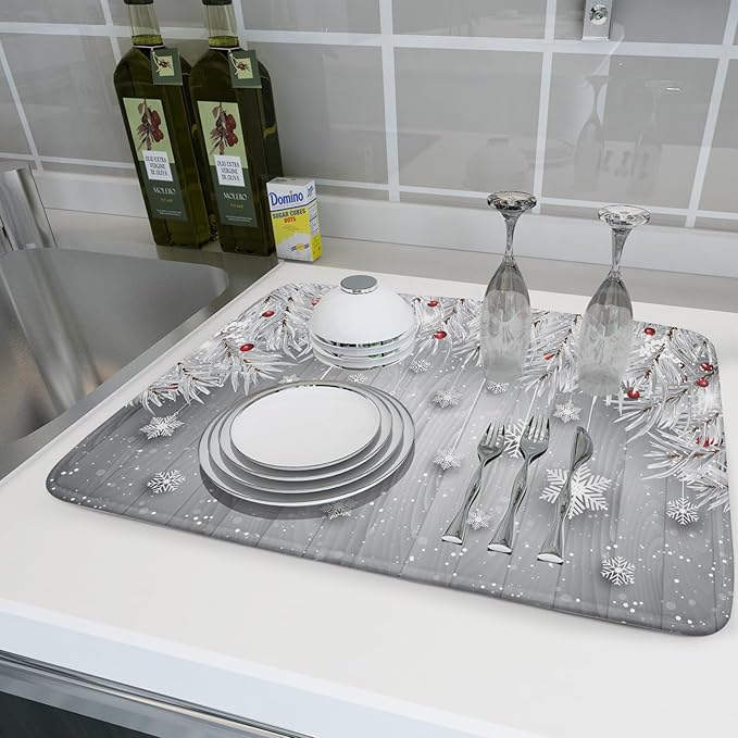 Giwawa 18"x24" Winter Snowflakes Dish Drying Mat Christmas Holly Berries Silver - Image 6