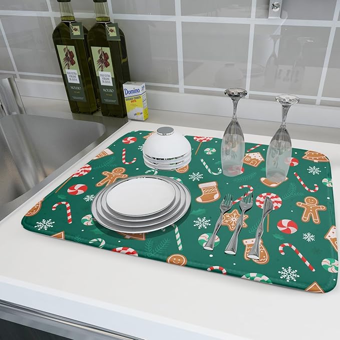 Gingerbread Dish Drying Mat for Kitchen Counter Holiday Green Super Absorbent - Image 6