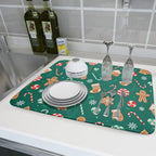 Gingerbread Dish Drying Mat for Kitchen Counter Holiday Green Super Absorbent - Image 6