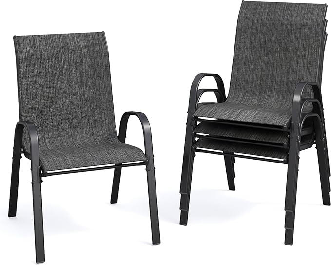 Patio Dining Chairs Set of 4, Stackable Dining Chairs High Back, Breathable Seat Fabric and Alloy Steel Frame Fit Backyard, Porch, Lawn，Poolside (Dark Grey) by VonzoyHome