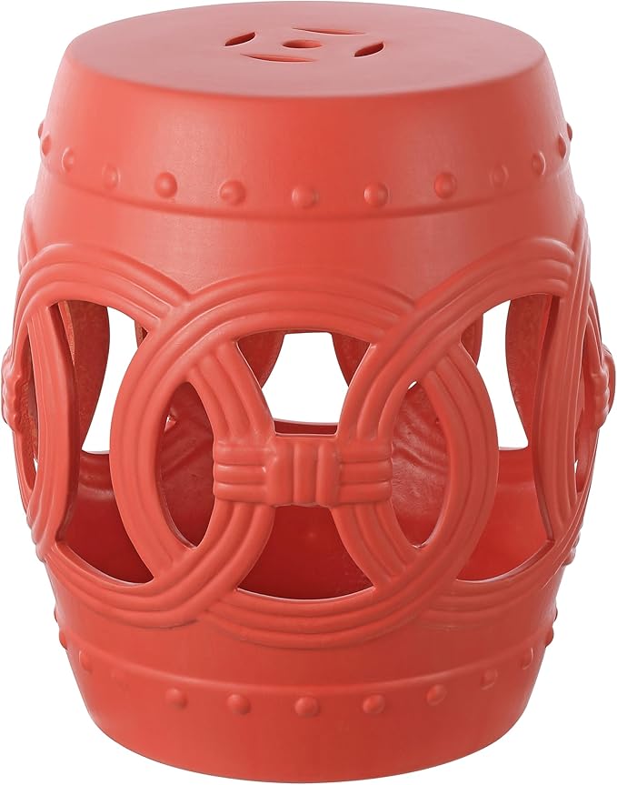 JONATHAN Y TBL1022G Lucky Coins 16" Chinese Ceramic Drum Indoor/Outdoor Garden Stool Bohemian, Coastal, Cottage, French Country, Traditional, for Living Room, Garden Room, Patio, Matte Coral by JONATHANY