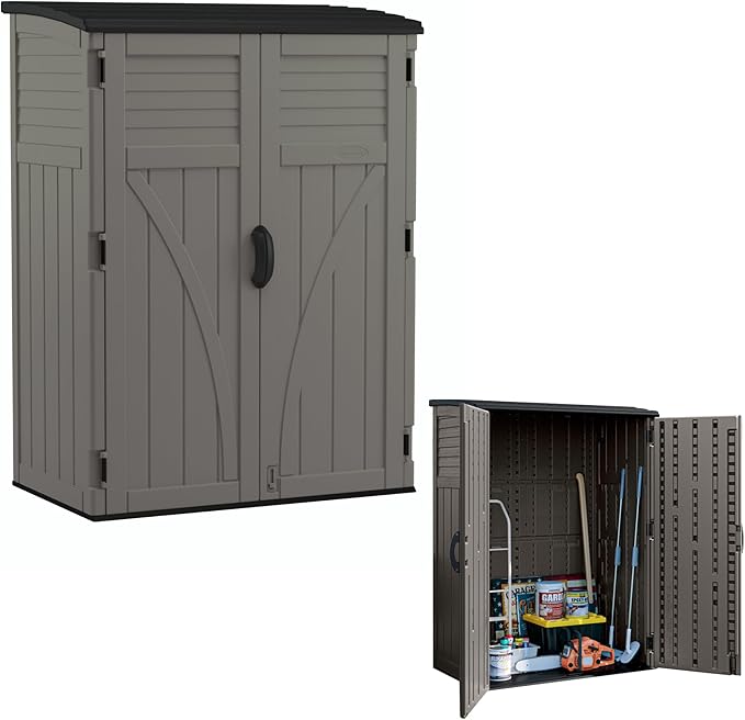 Suncast Outdoor Storage Cabinet Waterproof Resin Vertical Outdoor Storage Shed (54 cu. ft.) for Patio, Garden Tools, Cushions, & Equipment. Weatherproof Plastic Multi-Wall Design, Capacity Made in USA by Suncast