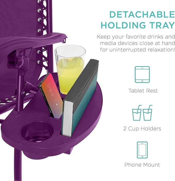 Best Choice Products Set of 2 Adjustable Steel Mesh Zero Gravity Lounge Chair Recliners w/Pillows and Cup Holder Trays - Amethyst - Image 5