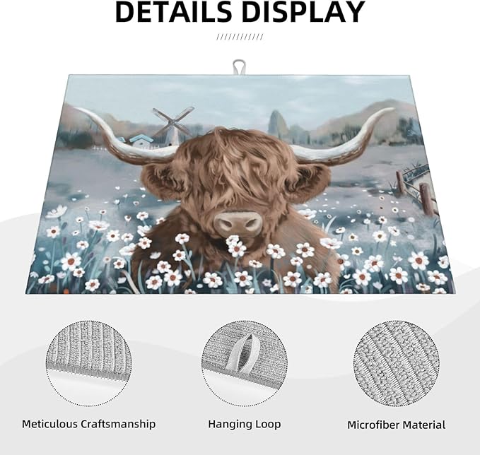 Cow Dish Drying Mat for Kitchen Counter Decor 18x24 Inch Floral Absorbent - Image 4