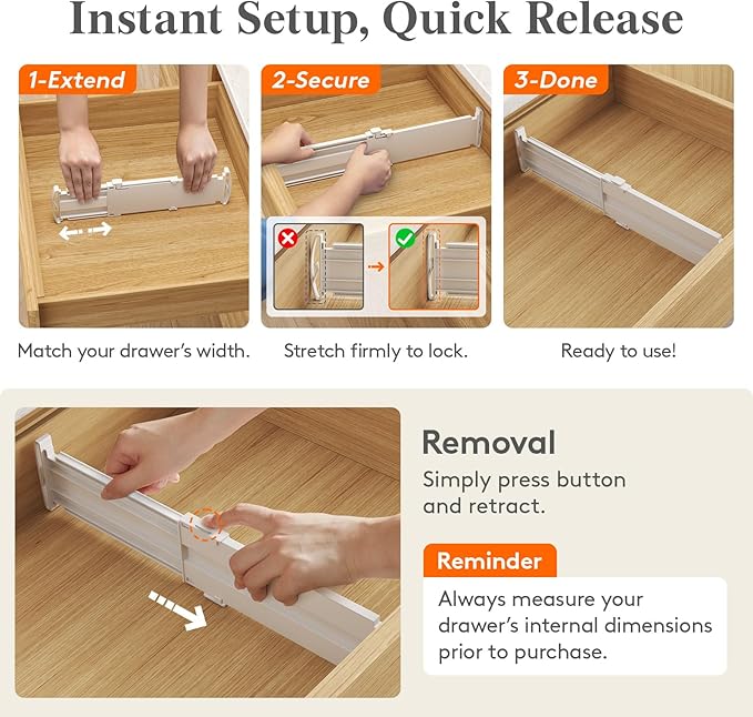 Lifewit 3.2" Tall 4 Pack Drawer Dividers, 26.5-42cm/10.2-16.5" Expandable - Image 5