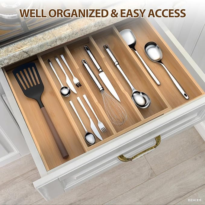 Bamboo Expandable Kitchen Drawer Organizer, 3-5 Slots Drawer Organizer - Image 5