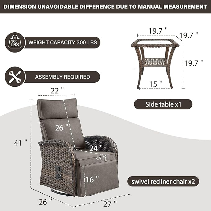 Dual-Adjust Swivel Outdoor Recliner Chair Set of 3 - Reclining Patio Chair with Adjustable Backrest and Footrest, All-Weather Wicker Chaise Lounge Outdoor with Side Table for Pool Deck Brown - Image 3