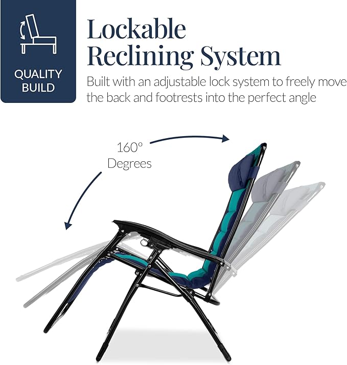 Best Choice Products Oversized Padded Zero Gravity Chair, Folding Outdoor Patio Recliner, XL Anti Gravity Lounger for Backyard w/Headrest, Cup Holder, Side Tray, Polyester Mesh - Navy/Teal - Image 8