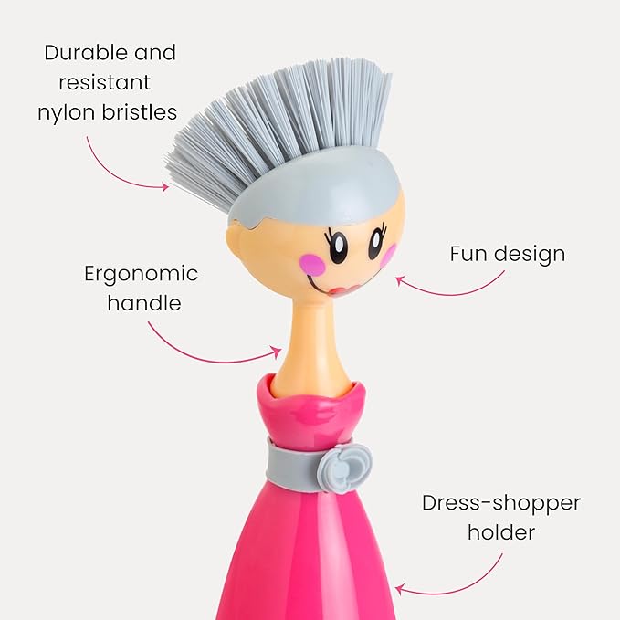 Vigar Dolls Dish Brush with Ergonomic Handle and Dress-Shaped Brush Holder - Image 3