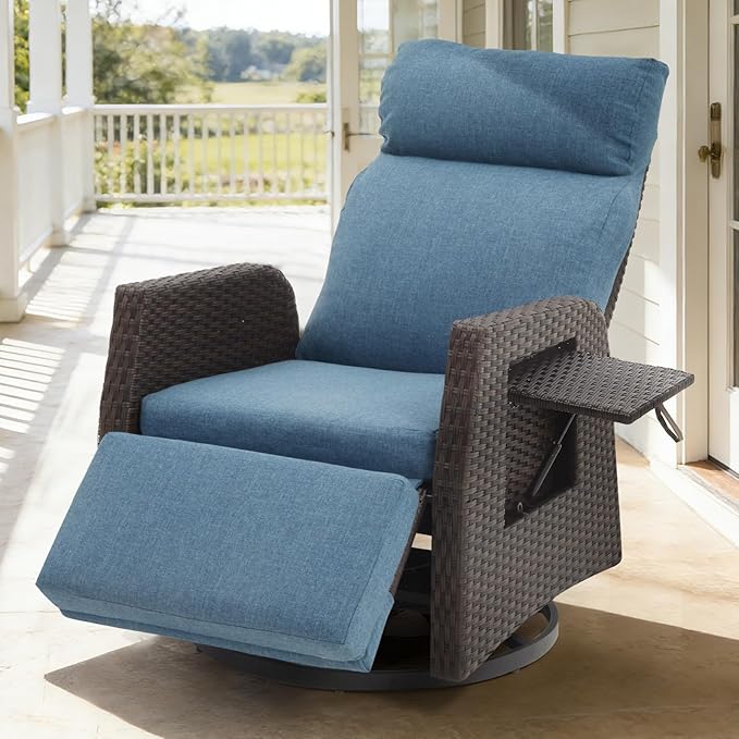 Adjustable Outdoor Recliner Chair with Independent Backrest & Footrest, Patio Swivel Recliner Chair, Wicker Reclining Patio Chair w/Flip-Up Table, Air Pump 155° Lay Flat Chaise Lounge, Blue - Image 7
