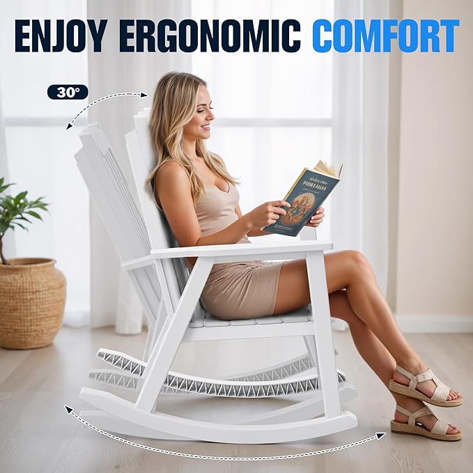 Devoko PP Material Rocking Chair Outdoor Indoor All Weather High Back Patio Rocker for Adult Heavy Duty Rocking Chair for Patio Backyard Porch Garden (Heavy Duty, White) - Image 6