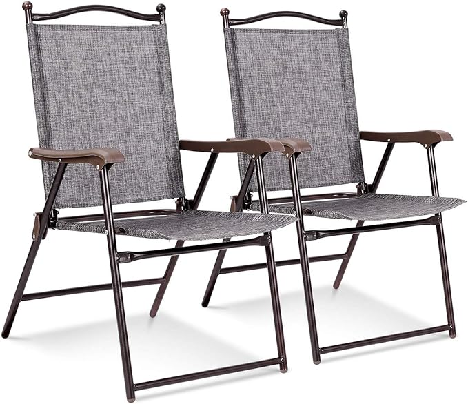 Giantex Set of 2 Patio Folding Chairs, Outdoor Patio Dining Chairs w/Armrest, Sling Back, Metal Frame, Outside Use for Lawn Camping Garden Pool Beach Yard Lounge, No Assembly, Grey by Giantex