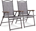 Giantex Set of 2 Patio Folding Chairs, Outdoor Patio Dining Chairs w/Armrest, Sling Back, Metal Frame, Outside Use for Lawn Camping Garden Pool Beach Yard Lounge, No Assembly, Grey by Giantex