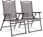 Giantex Set of 2 Patio Folding Chairs, Outdoor Patio Dining Chairs w/Armrest, Sling Back, Metal Frame, Outside Use for Lawn Camping Garden Pool Beach Yard Lounge, No Assembly, Grey by Giantex