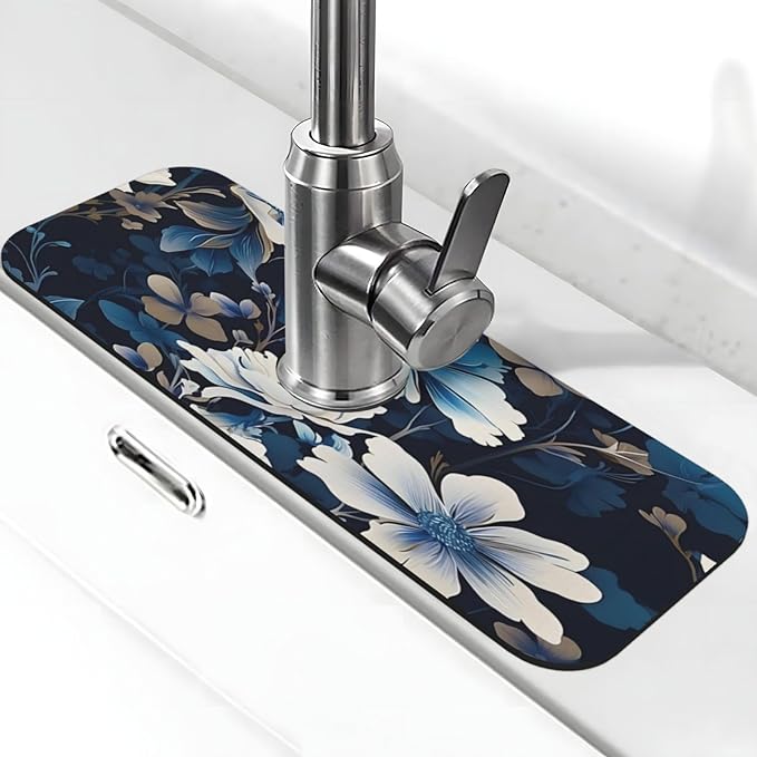 Blue flowers Kitchen sink faucet pad, strong water absorption, anti slip by Unknown