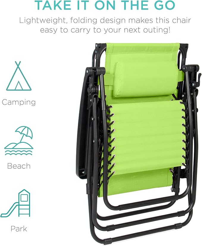 Best Choice Products Folding Zero Gravity Outdoor Recliner Patio Lounge Chair w/Adjustable Canopy Shade, Headrest, Side Accessory Tray, Textilene Mesh - Lime Green - Image 8