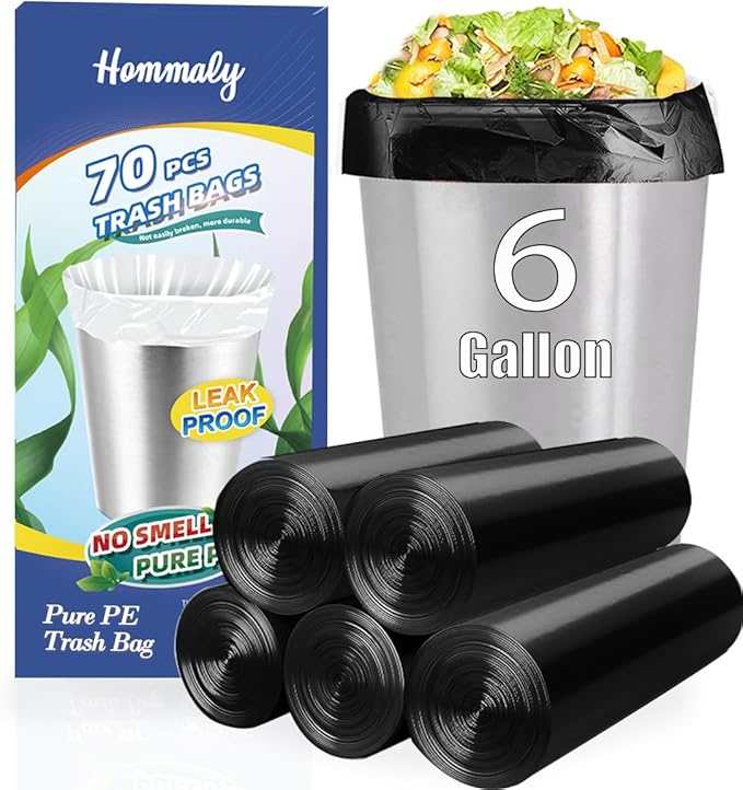 6 Gallon 70 pcs Black Trash Bags Strong Black Garbage Bags, Bathroom Trash Can by HOMMALY