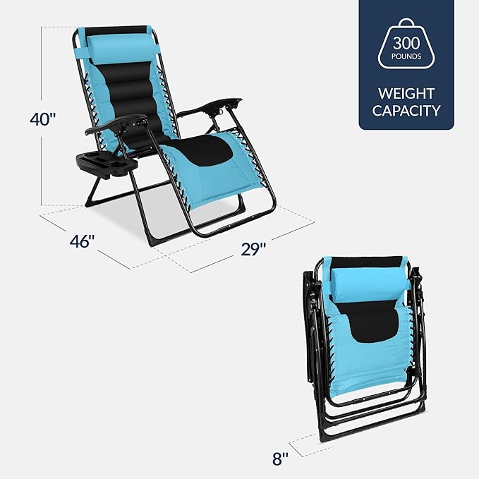 Best Choice Products Oversized Padded Zero Gravity Chair, Folding Outdoor Patio Recliner, XL Anti Gravity Lounger for Backyard w/Headrest, Cup Holder, Side Tray, Polyester Mesh - Light Blue/Black - Image 3