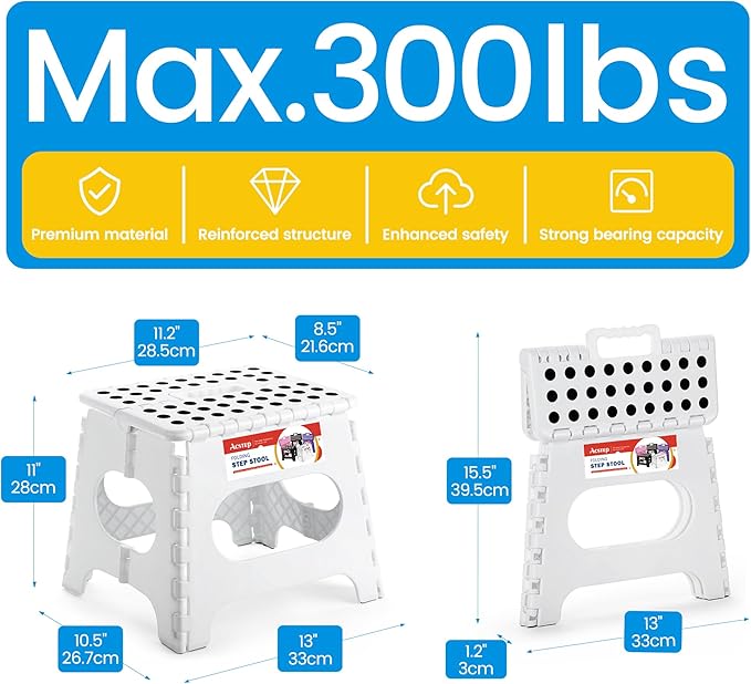 ACSTEP Folding Step Stool for Adults and Kids 11 Height Lightweight Plastic Stepping Stool Foldable Step Stool Hold up to 300lbs Non Slip Collapsible Stool White - Image 4