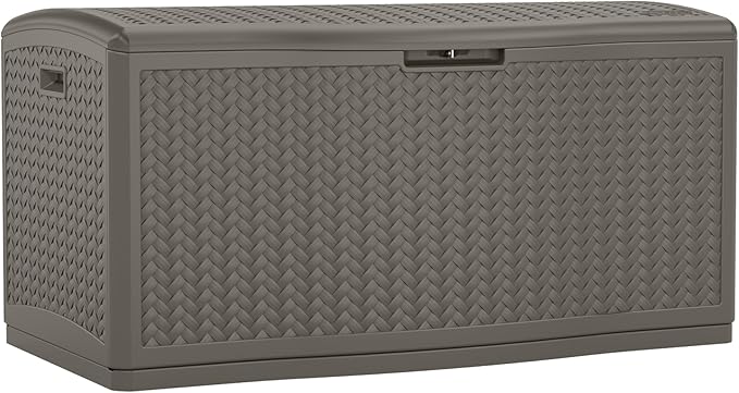Suncast Extra Large Deck Box - 124 Gallon Resin Outdoor Storage Box with Lockable Lid for Outdoor Cushion Storage, Toys, & Garden Gear, Stoney Grey Wicker Bin for Patio, Porch, Pool, & Yard by Suncast