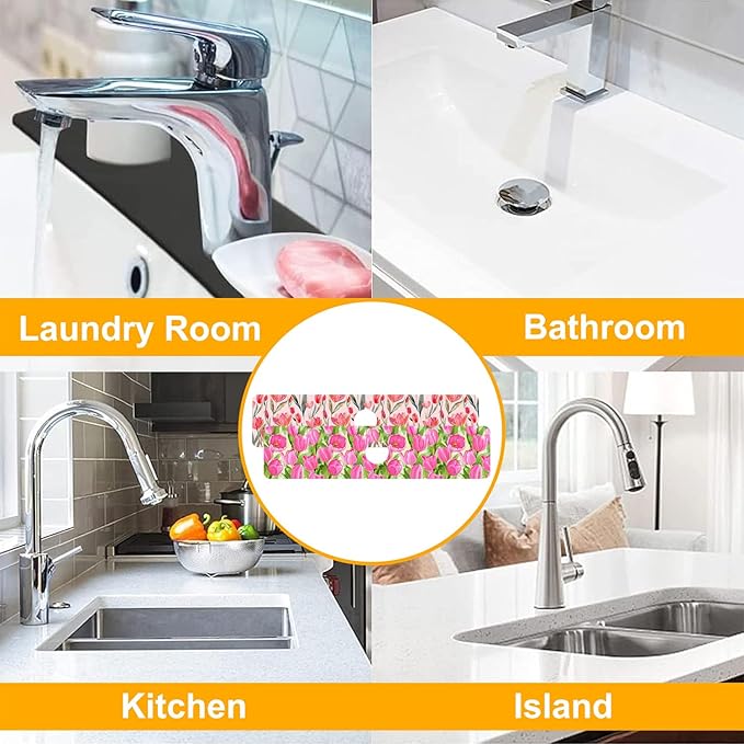2 Pack Watercolor Tulips Sink Faucet Absorbing Mat Pink Tulips Super Absorbent - Image 7