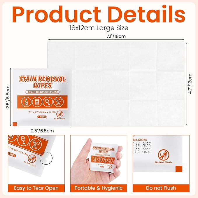 Stain Remover Wet Wipes Bulk, Individual Wrapped Clothes Portable Travel Messy - Image 2
