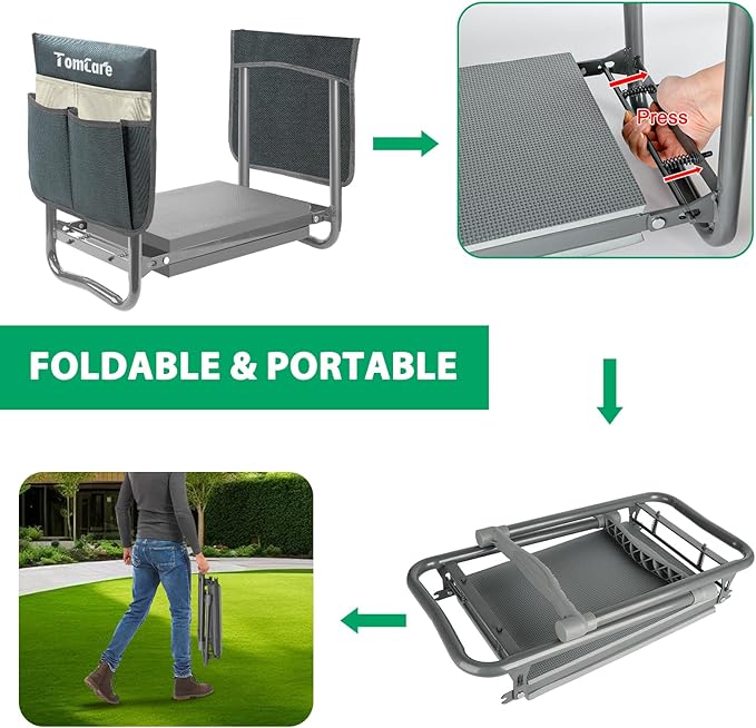 TomCare Garden Kneeler and Seat 10.64” Wider Larger Soft Kneeling Pad Garden Bench with 2 Large Tool Pouches Heavy Duty Garden Stool Foldable Tools Gardening Gifts for Women Men Gardeners,Grey - Image 6