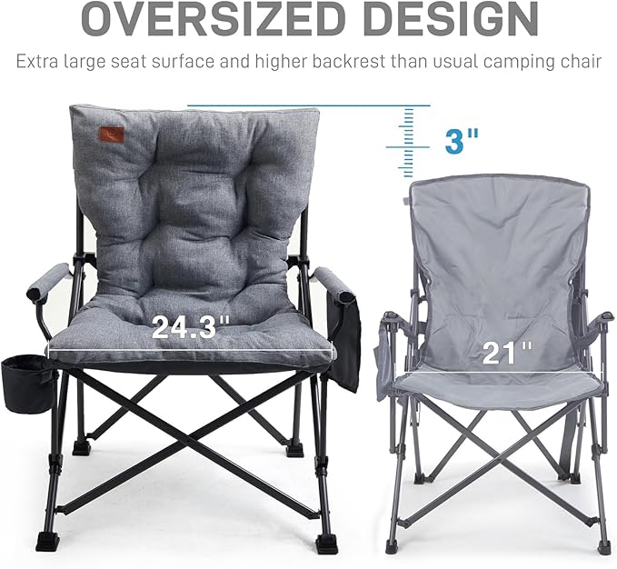 EVER ADVANCED Padded Oversized Folding Camping Chair for Adults, Heavy Duty Lawn Chair with Side Pockets, Portable Collapsible Quad Chair for Outside, Support Up to 500lbs, Grey - Image 3
