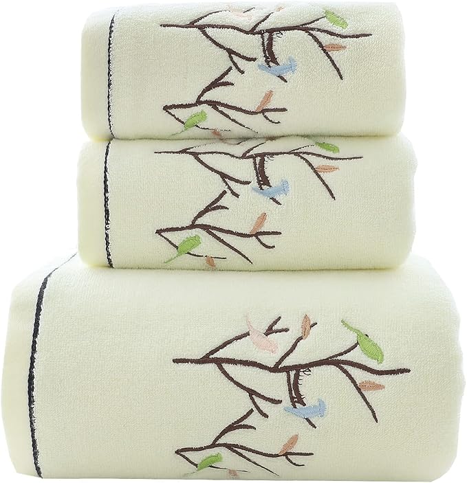 Pidada Bath Hand Towel Set of 3 Embroidered Bird Tree Pattern 100% Cotton Soft by Pidada