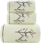 Pidada Bath Hand Towel Set of 3 Embroidered Bird Tree Pattern 100% Cotton Soft by Pidada