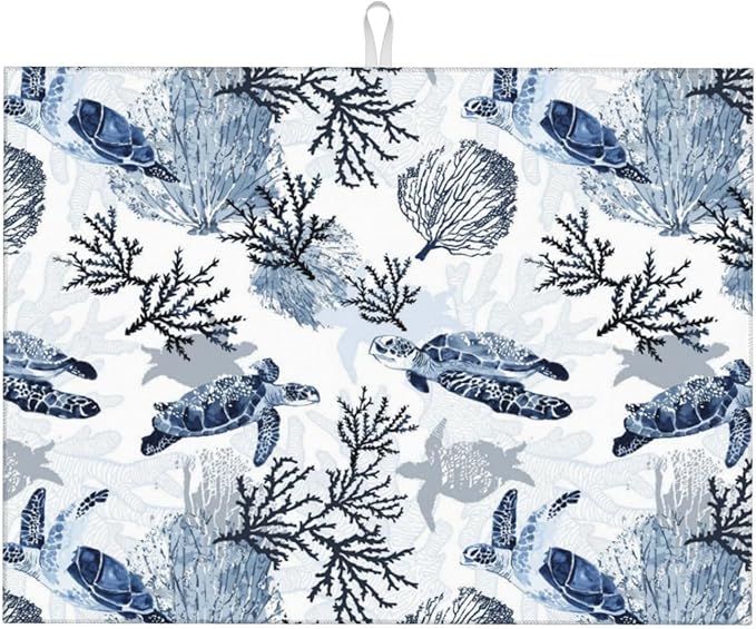 Navy Blue White Sea Turtle & Coral Dish Drying Mats by Unknown