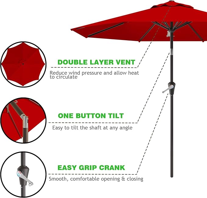 AreShark 9 FT Patio Umbrella for Outdoor, Outdoor Umbrella with Push Button Tilt and Crank, Outdoor Patio Umbrellas with 8 Sturdy Ribs for Market, Garden, Deck, Backyard, Pool (Cherry Red) - Image 2