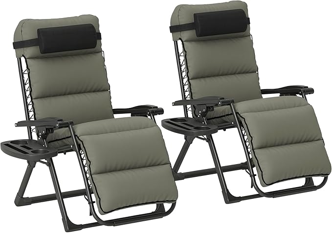 Outsunny Zero Gravity Chairs Set of 2, Reclining Folding Zero Gravity Lounge Chair, Outdoor Lounge Chairs with Removable Cushion, Headrest, and Cup Phone Holder Tray for Patio, Beach, Gray by Outsunny