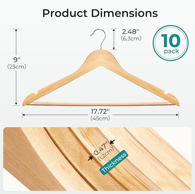 HOUSE DAY Premium Wooden Coat Hangers 10 Pack, Heavy Duty Solid Wood Clothes - Image 2