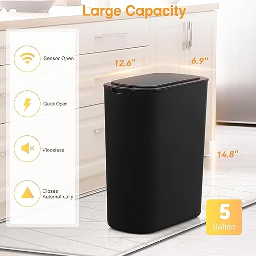 Bathroom Trash Can with Lid 5 Gallon Black Motion Senor Automatic Garbage Cans - Image 2