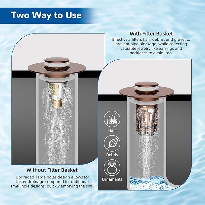 Hibbent Upgraded 3 in 1 Bathroom Sink Drain Strainer, Universal Pop Up Stopper - Image 3