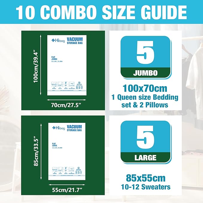 HIBAG Vacuum Storage Bags, 10 Space Saver Bags, Polyethylene, Jumbo & Large - Image 2