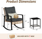 3 Piece Patio Rocking Chairs Set of 2, Outdoor Rocking Chair Bistro Set with Tempered Glass Coffee Table and Thick Lumbar Pillow Set, Front Porch Chairs for Garden, Backyard (Gray Cushion) - Image 2
